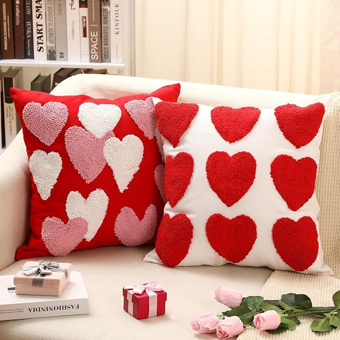 2 Pcs Valentines Day Throw Pillow Covers 18x18 inch Love Heart Embroideried Cushion Covers Red So... | Amazon (US)