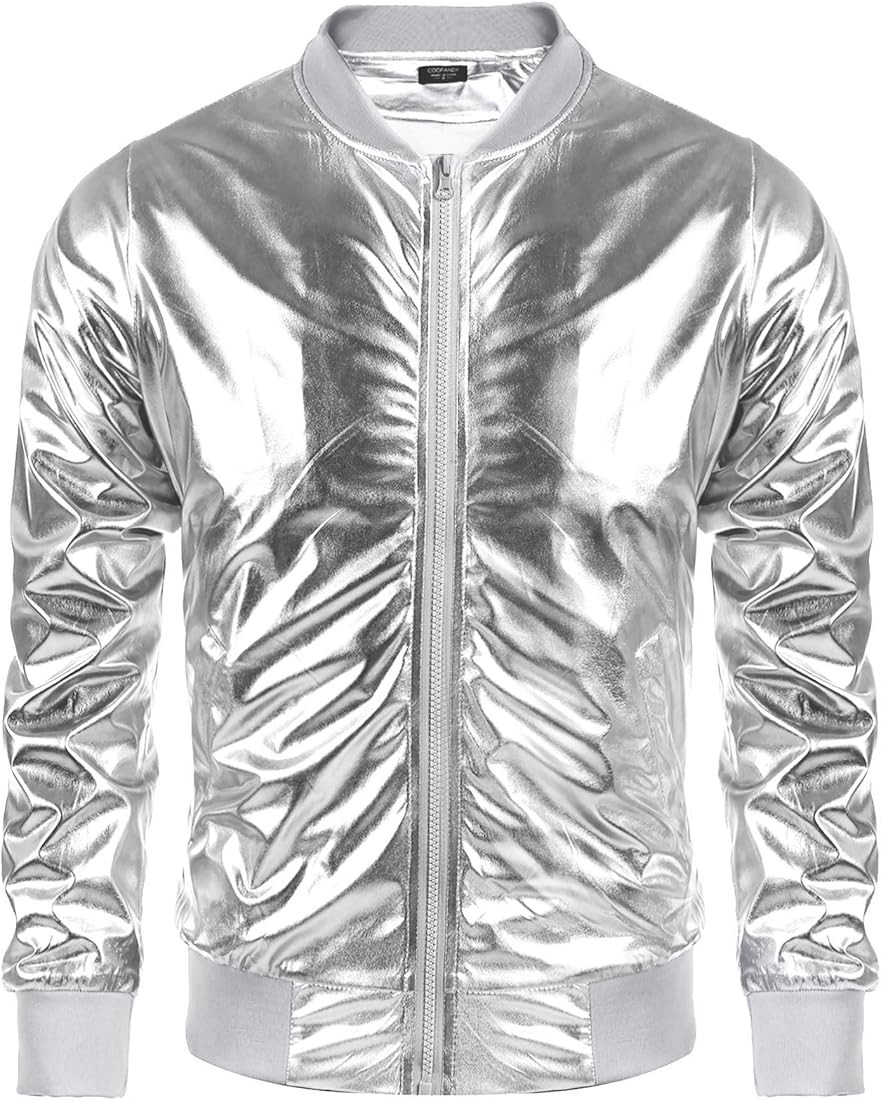 COOFANDY Men's Metallic Jacket 70s Disco Christmas Party Varsity Jacket Zip-up Baseball Bomber | Amazon (US)
