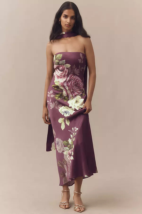 Leah Strapless Satin Scarf Slip Midi Dress | Anthropologie (US)