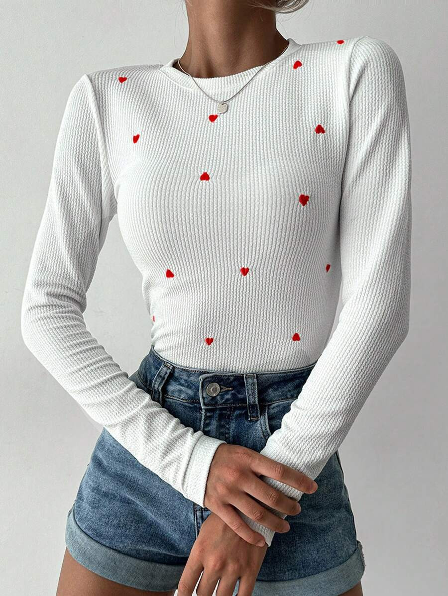 SHEIN Heart Embroidery Ribbed Knit Tee | SHEIN