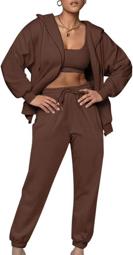 Amazon.com: Dgebou Casual 3 Piece Workout Set Outfits for Women, Long Sleeve Zipper Hoodies Loose... | Amazon (US)