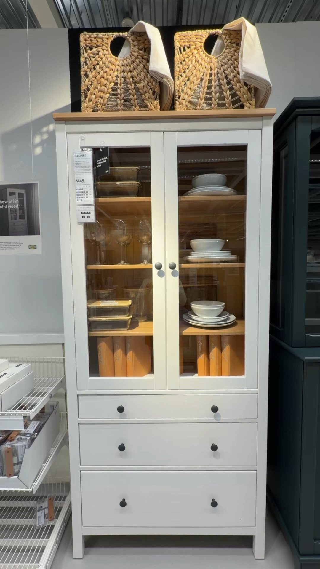 IKEA classic! 🤍 The HEMNES Glass-Door Cabinet with 3 Drawers is such a beautiful storage piece made from solid wood. 🙌🏻 The glass doors are perfect for displaying dishes, books, or decor, while the drawers below keep smaller items neatly tucked away. 🥣🍽️🥂 Shown here in the white stain/light brown finish for that charming farmhouse look, but it also comes in other colors. 🤎 A timeless display cabinet that looks much more high-end than the price. Linked here! ✨#IKEA #FurnitureFinds #DisplayCabinet 

#LTKSaleAlert #LTKHome