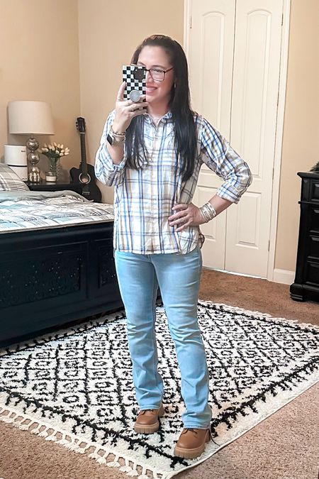 fall outfit inspo | plaid shirt | bootcut jeans | lace up boots | combat boots | thanksgiving outfit | casual style 

#LTKshoecrush #LTKSeasonal #LTKfindsunder50