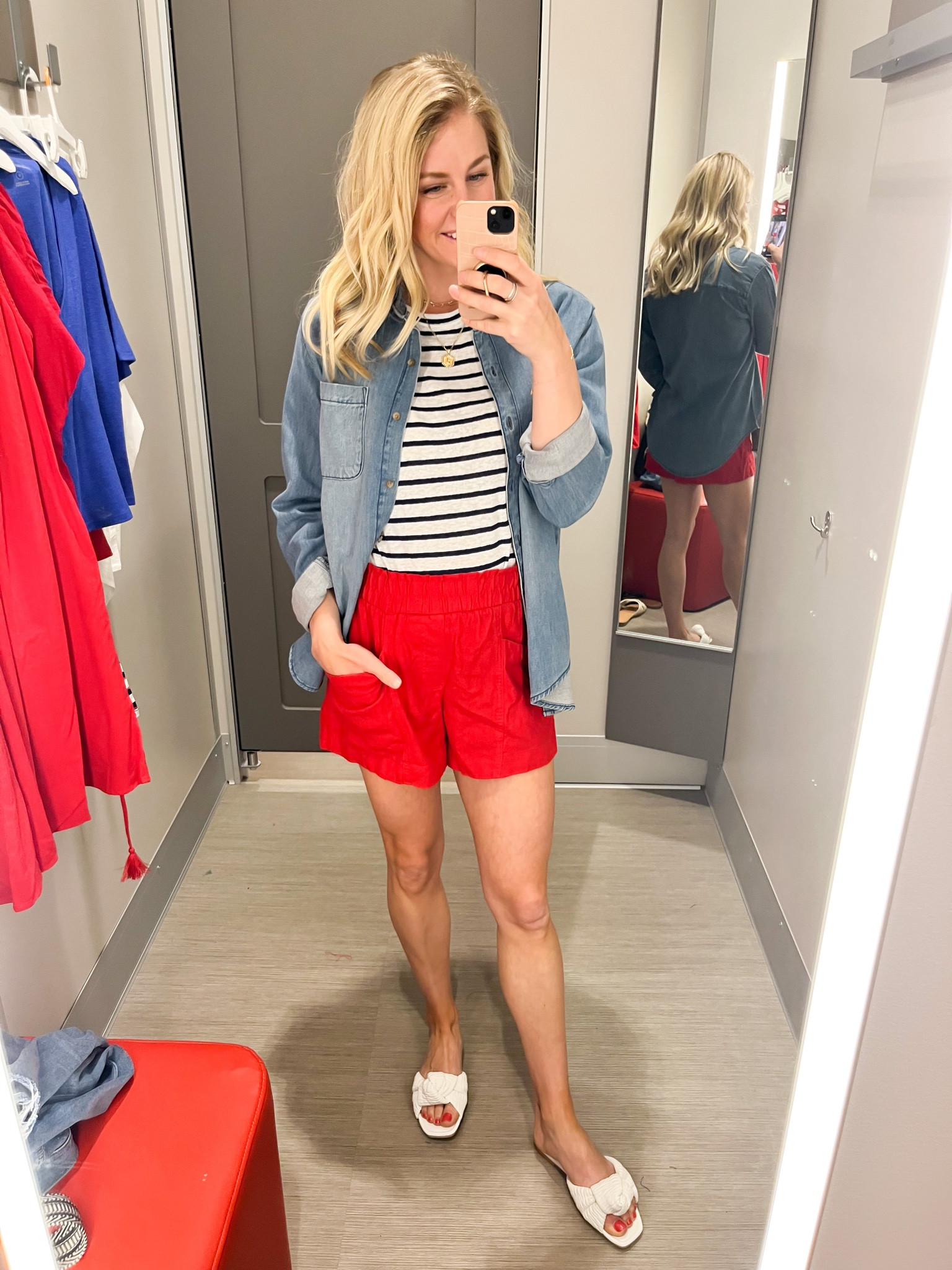 4th of July outfit!! This soft linen basic tee is on sale for $8. Size small. Button down is on sale for $21 size small   These shorts are the best! Size small. On sale for $12. Size 4. Sandals are also on sale for $17

Target. Target style. Fourth of July outfit. Fourth of July. Tank top. Denim shorts. 

#LTKunder50 #LTKsalealert #LTKstyletip