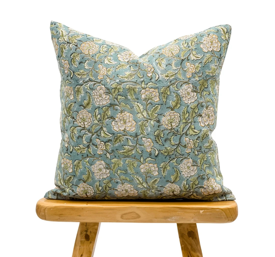 Designer Floral in Teal, Green and Yellow on Natural Linen Pillow Cover, Floral Pillow Cover, Dec... | Etsy (US)