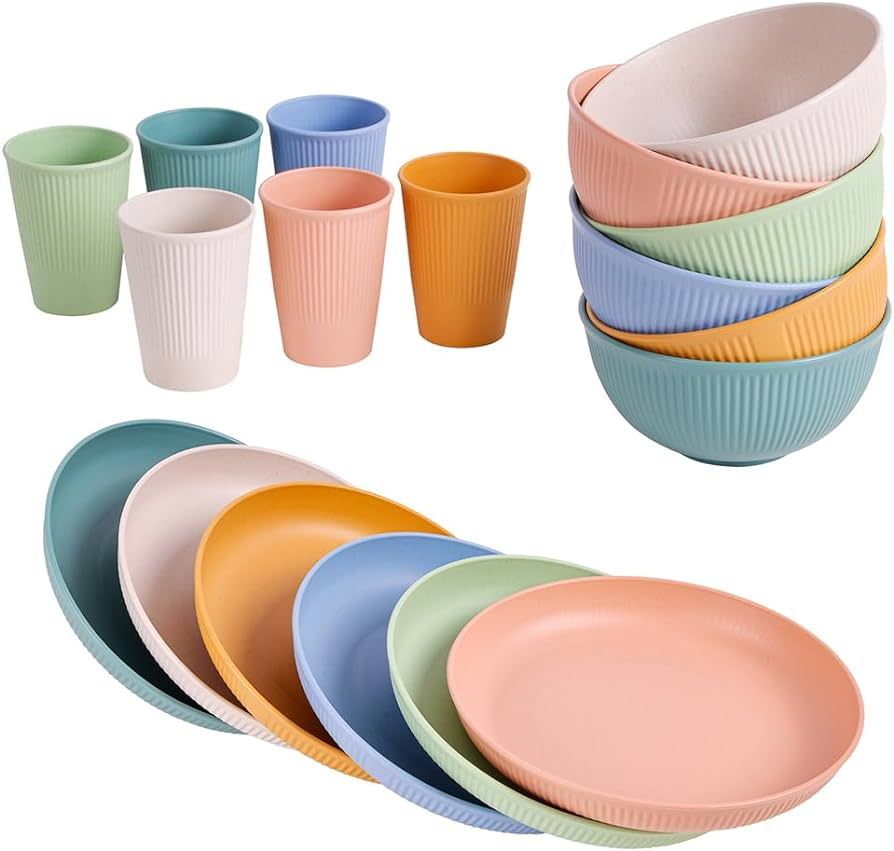18pcs Wheat Straw Dinnerware Sets, HXYPN Unbreakable Reusable Dinnerware Set Kitchen Cups Plates ... | Amazon (US)
