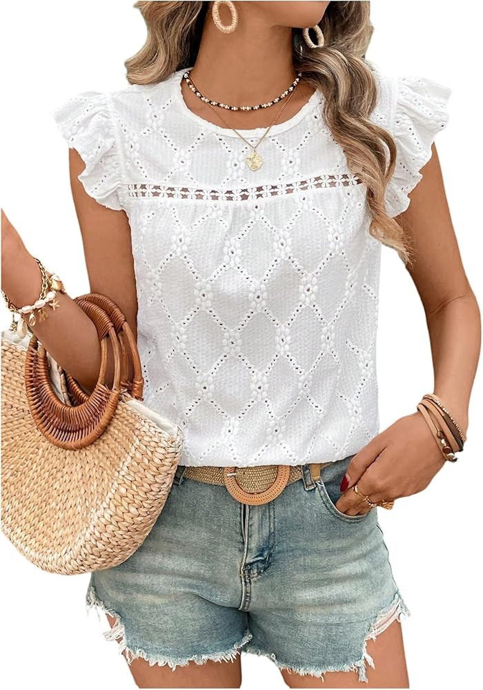 Floerns Women's Boho Eyelet Embroidery Ruffle Cap Sleeve T Shirt Crew Neck Vacation Elegant Blous... | Amazon (US)