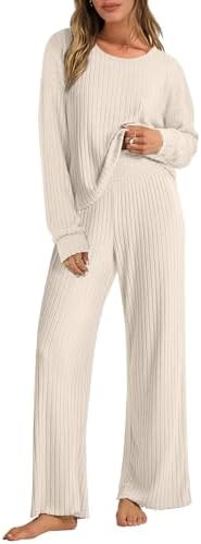 ANRABESS Women 2 Piece Lounge Pajamas Sets Casual Ribbed Knit Long Sleeve Top Pants Matching Set ... | Amazon (US)