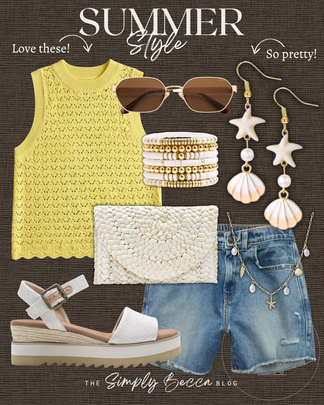 Obsessed with these adorable crochet-knit tops. 

@amazon #ltkfinds #ltkwomens #knittop #strawclutch #seashells #yellow #wedges #denimcutoffs #summerstyle  

 #LTKootd #LTKmomlife #LTKPetite