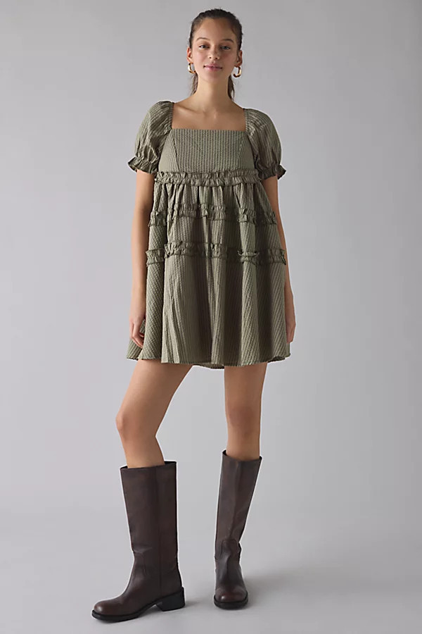 Daisy Street Pine Puff Sleeve Ruffle Babydoll Mini Dress in Green, Women's at Urban Outfitters | Urban Outfitters (US and RoW)