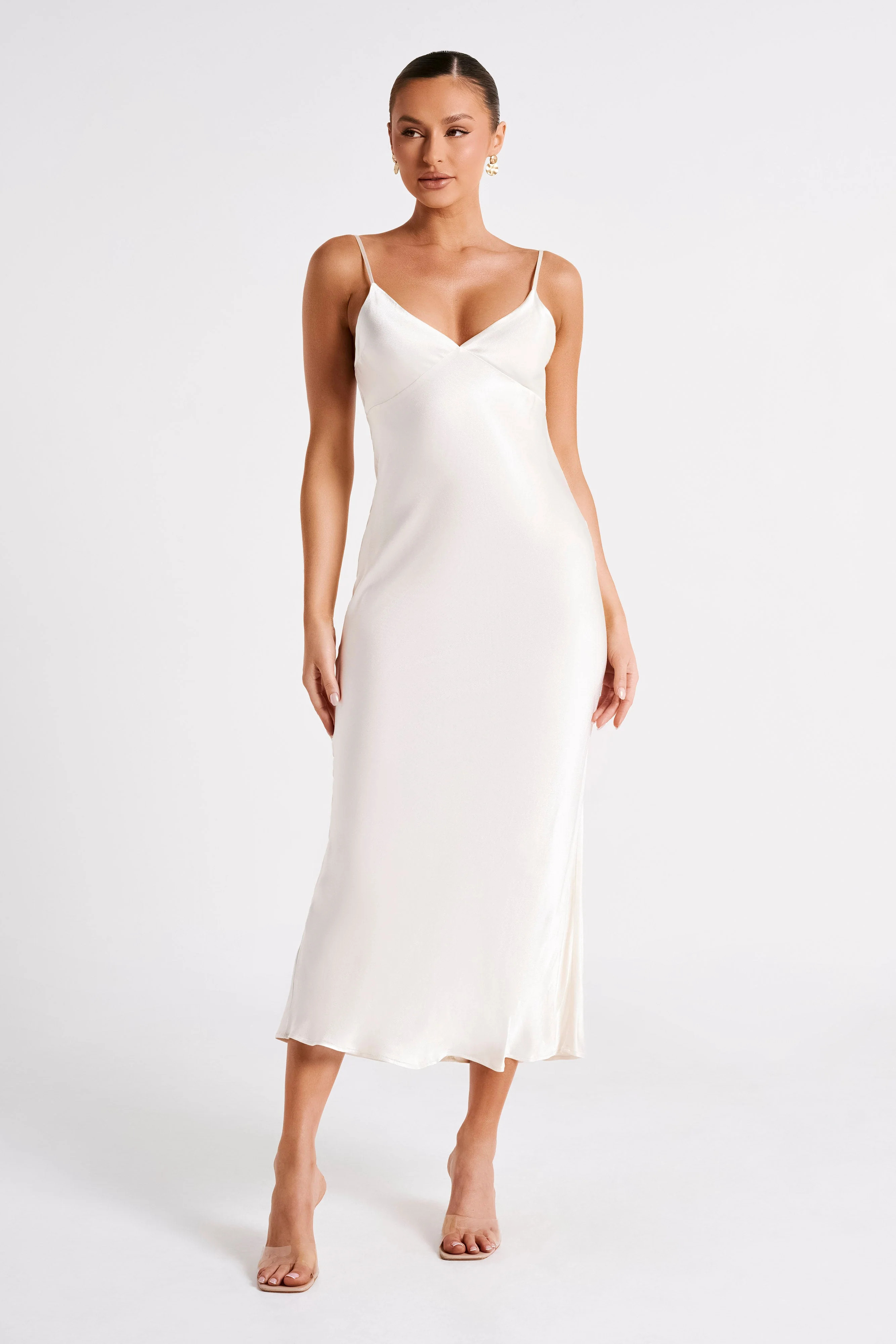 Kiko Satin Chiffon Midi Dress - Ivory | MESHKI US