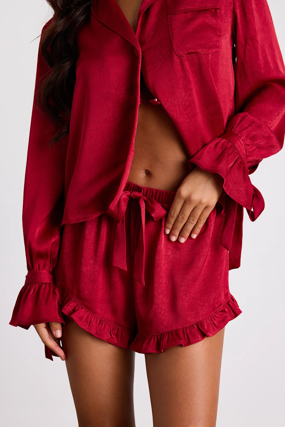 Kelda Dark Red Satin Ruffled Two-Piece Pajama Set | Lulus
