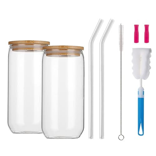 Iced Coffee Cup Drinking Glasses with Wooden Lid 2 PCS 500ml with Nozzle | Amazon (UK)