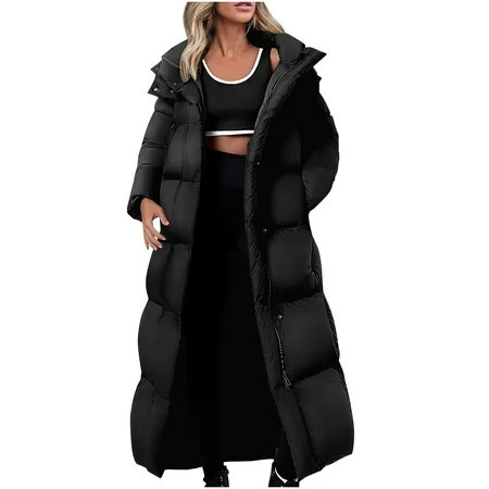 Drses Women Long Quilted Coat Hooded Maxi Length Long Sleeve Puffer Jacket Padded Coat Winter Outerwear | Walmart (US)