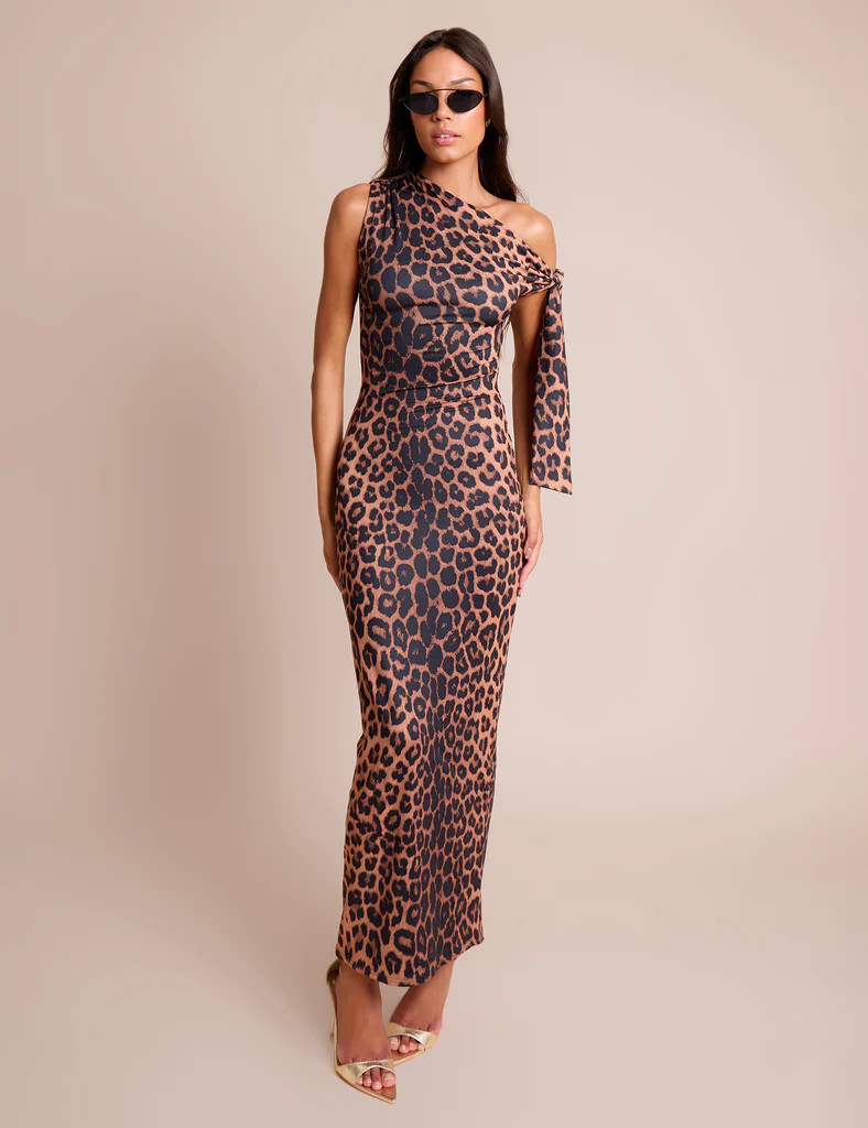 Knot Detail Asymmetric One Shoulder Luxe Slinky Maxi Dress Leopard | Public Desire
