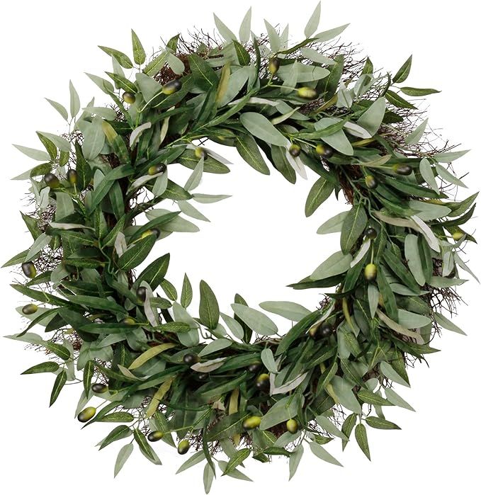 24 inch Artificial Wreath Green Leaves Wreath Olive Branch Greenery Wreath, Perfect for Home Offi... | Amazon (US)