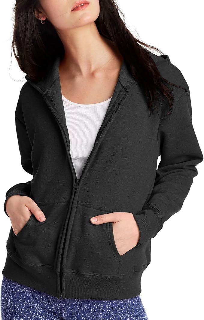 Hanes Women's EcoSmart Full-Zip Hoodie Sweatshirt, Ebony, Medium | Amazon (US)