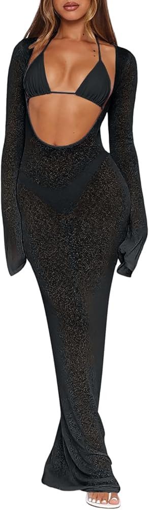 Women's 3 Piece Swimsuit Set Long Sleeve Sheer Mesh Cutout Maxi Dress Cover Up with Triangle Biki... | Amazon (US)