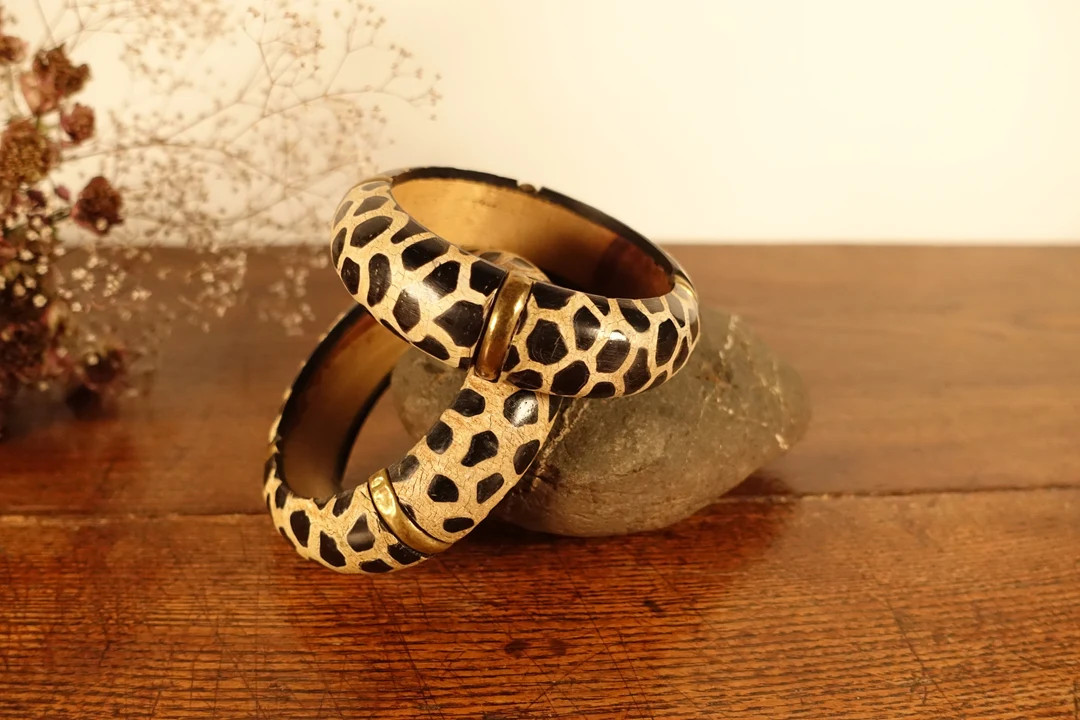 One Wood Bangle, Vintage Wood Bangle Leopard Print, Chunky Wooden Bangle Bracelet, Animal Print B... | Etsy (US)