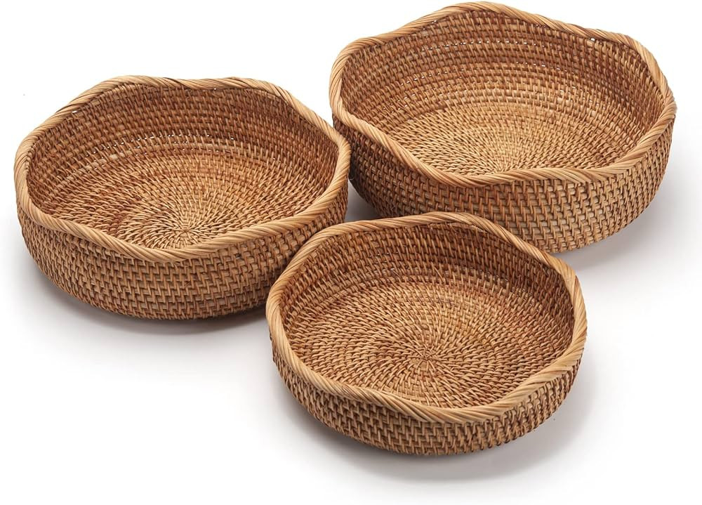 Rattan Bread Baskets Round Woven Fruit Bowls Key Holders Stackable for Storage, Snack, Fruit, Veg... | Amazon (US)