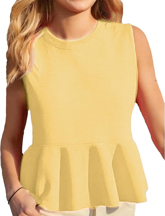 Sweater Vest Women Ruffle Hem Sleeveless Casual Pull-on Crewneck Trendy Crochet Pullover Knit Tan... | Amazon (US)