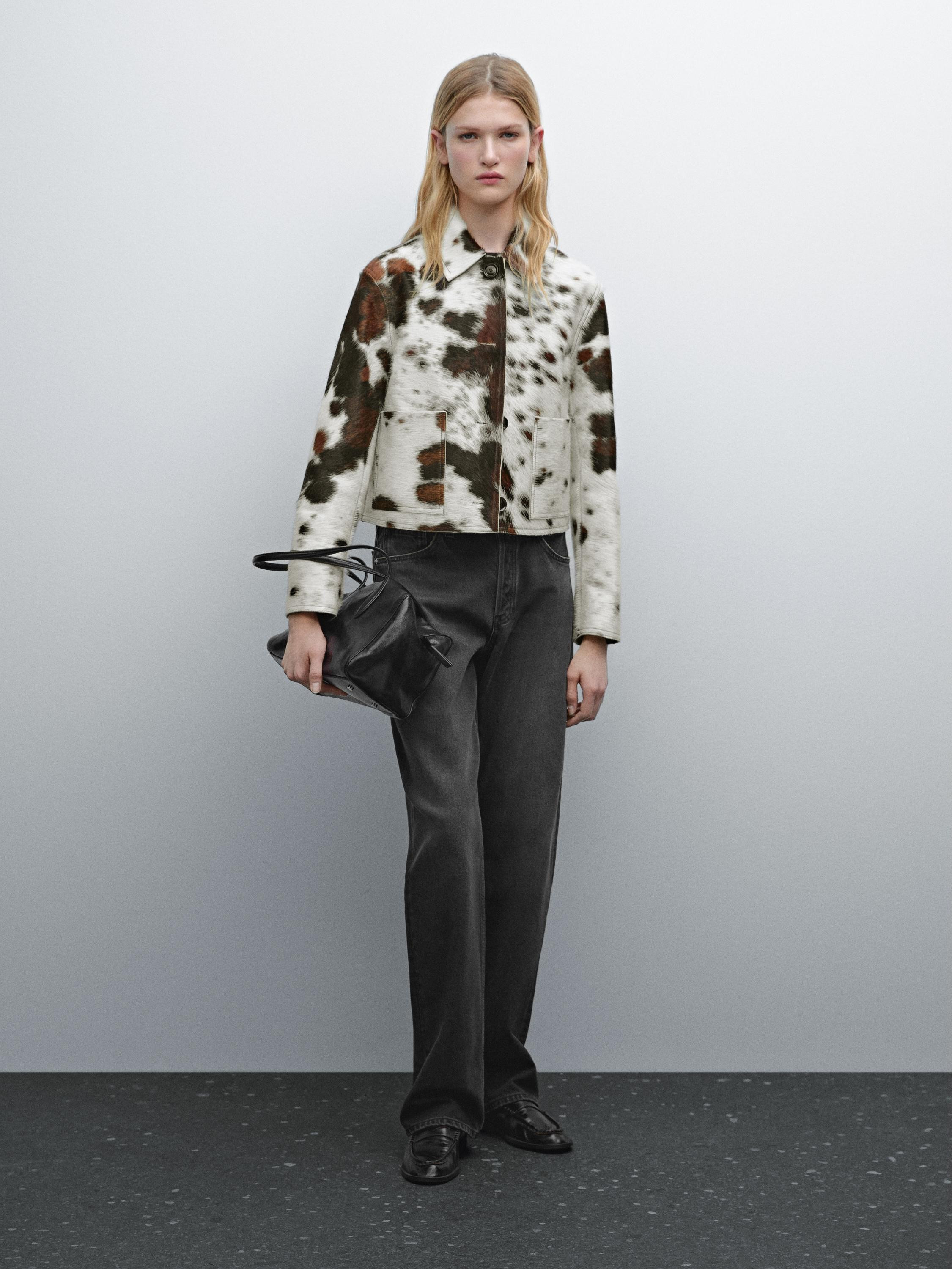 Short animal print hair-on leather jacket | Massimo Dutti UK