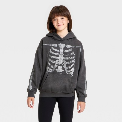 Girls' Oversized Skeleton Print Fleece Hoodie - art class\u2122 Charcoal Gray XS | Target