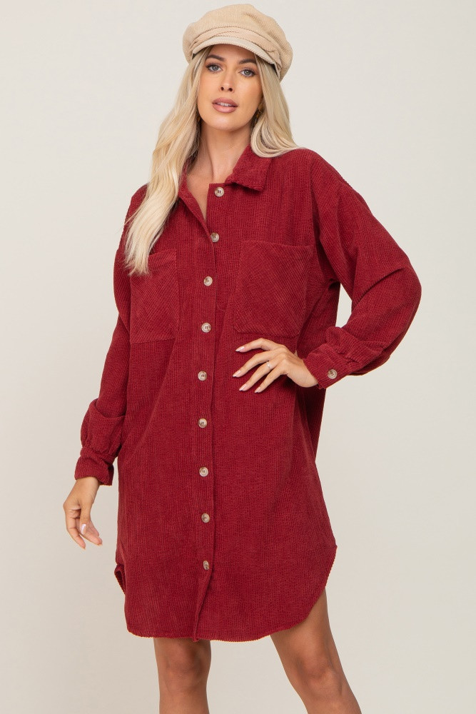 Burgundy Red Corduroy Button Down Dress | PinkBlush Maternity