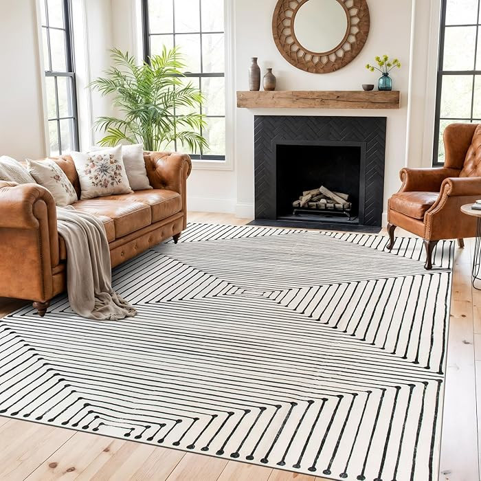 Rugshop Bohemian Stripes Washable Non Slip Area Rug 6' x 9' Ivory | Amazon (US)
