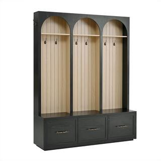 Black Farmhouse Wood Hall Tree with Arched Design, Entryway Bench, 8 Retro Hooks, 3 Drawers, Rust... | The Home Depot