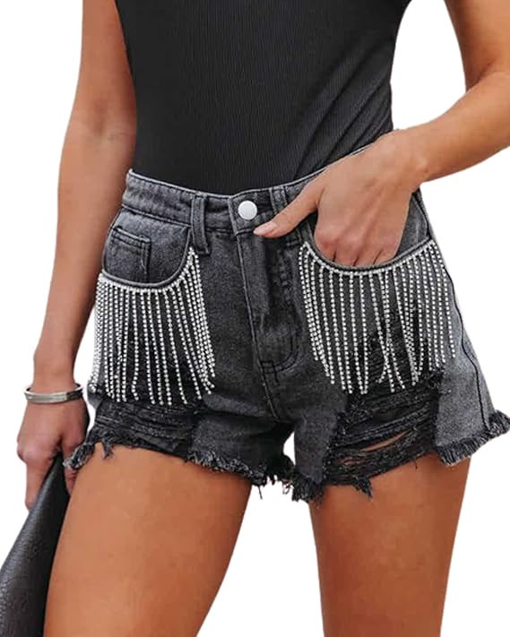 CXINS Women's Rhinestone Diamond Fringe Frayed Raw Hem High Waist Denim Short | Amazon (US)