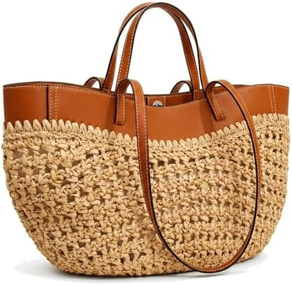 Straw Beach Bags for Women, Boho Summer Purse Tote with PU Shoulder Strap | Amazon (US)