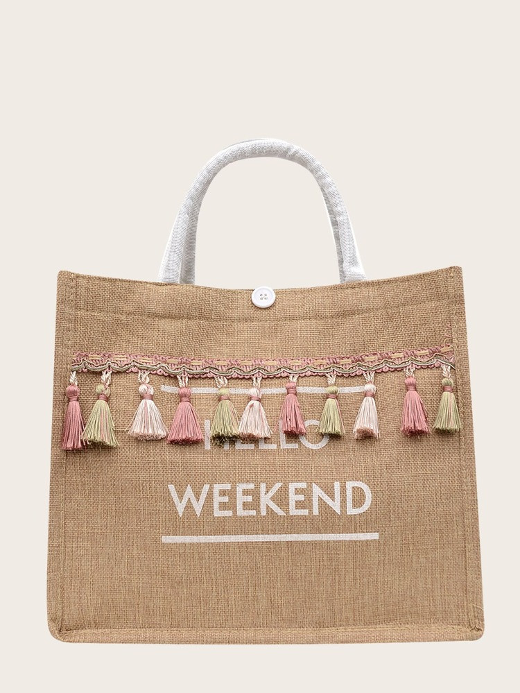 EMERY ROSE Tassel Decor Letter Graphic Top Handle Bag | SHEIN