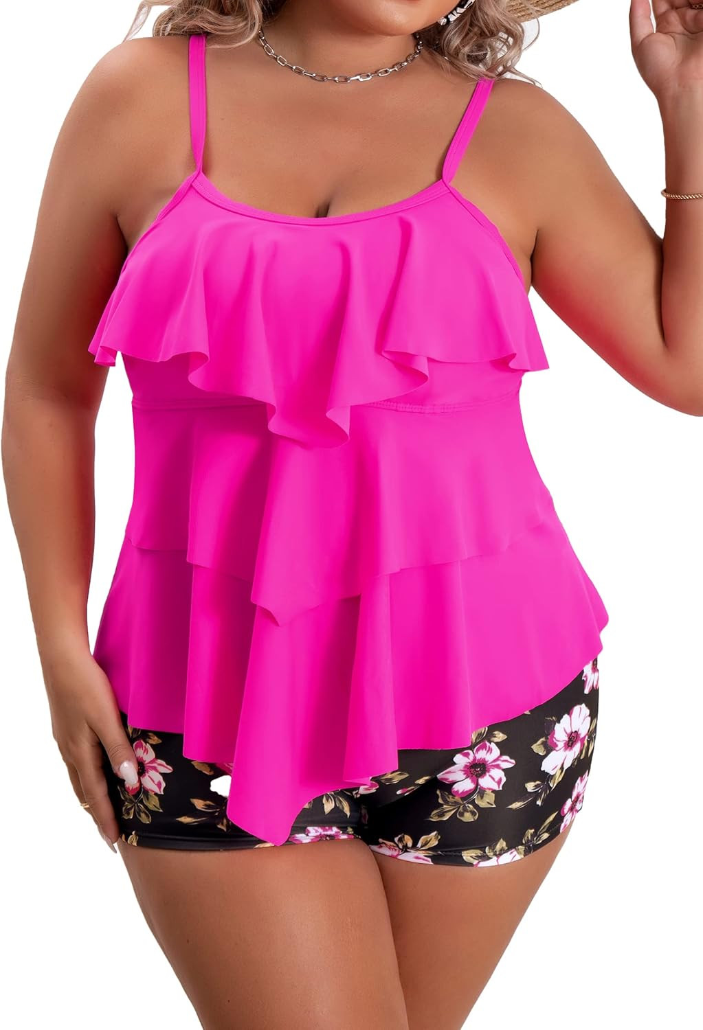 B2prity Women Plus Size Tankini Swimsuits Tummy Control Two Piece Bathing Suit Ruffled Flounce Sw... | Amazon (US)