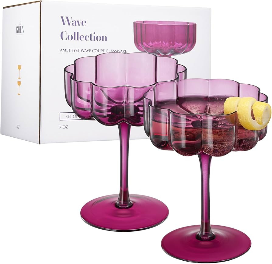 Flower Wave Vintage Art Deco Coupe for Champagne, Martini, Cocktails | 2 Set | Amethyst 7 oz Clas... | Amazon (US)