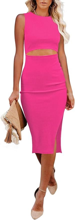 Pink Queen Women's Crew Neck Sleeveless Cutout Side Slit Knee Length Bodycon Midi Dress | Amazon (US)