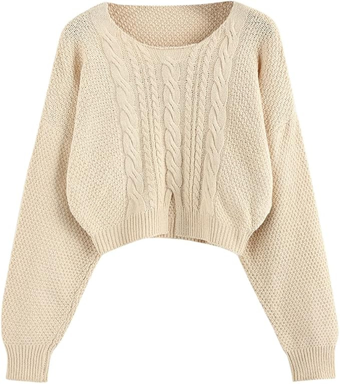 ZAFUL Women Crew Neck Sweater, Loose Pullover with Long Sleeve Drop Shoulder Ribbed Trim | Amazon (US)
