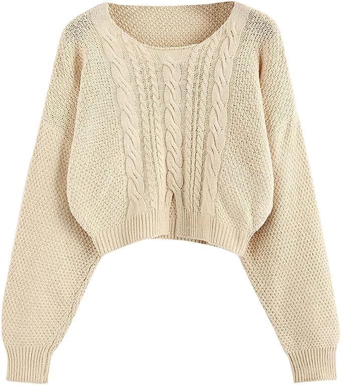 ZAFUL Women Crew Neck Sweater, Loose Pullover with Long Sleeve Drop Shoulder Ribbed Trim | Amazon (US)