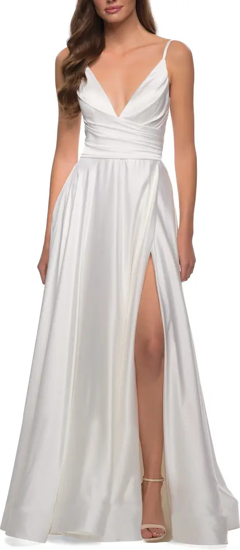 La Femme Long Satin Dress with Side Slit and V Shaped Back | Nordstrom | Nordstrom