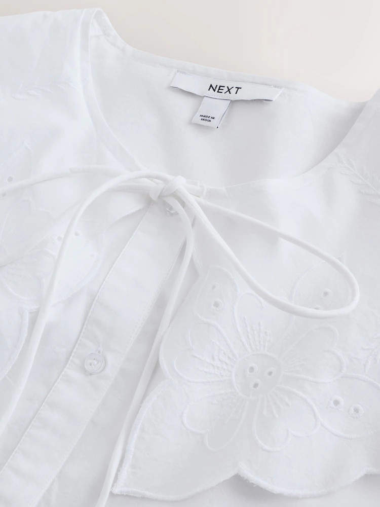 White Statement Collar Broderie Long Sleeve Blouse | Next EU