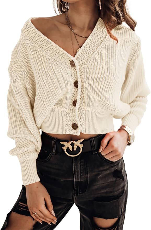 Febriajuce Women's Long Sleeve V-neck Button Down Rib Knit Cropped Cardigan Sweater | Amazon (US)