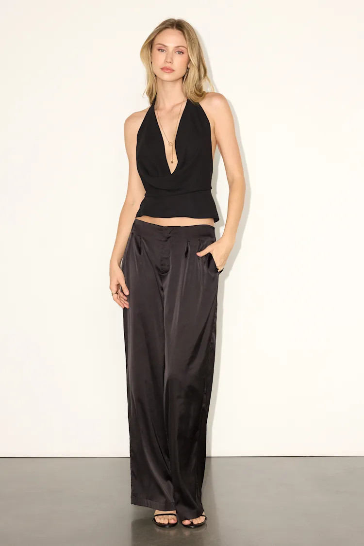 Marela Black Satin Low-Rise Straight Leg Trousers | Lulus