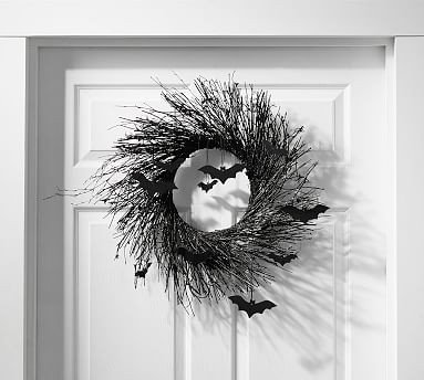 Pre-Lit Black Glitter Branch Wreath and Garland with Bats | Pottery Barn (US)