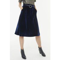 Navy Blue Velvet Midi Skirt With Belt | Sosandar