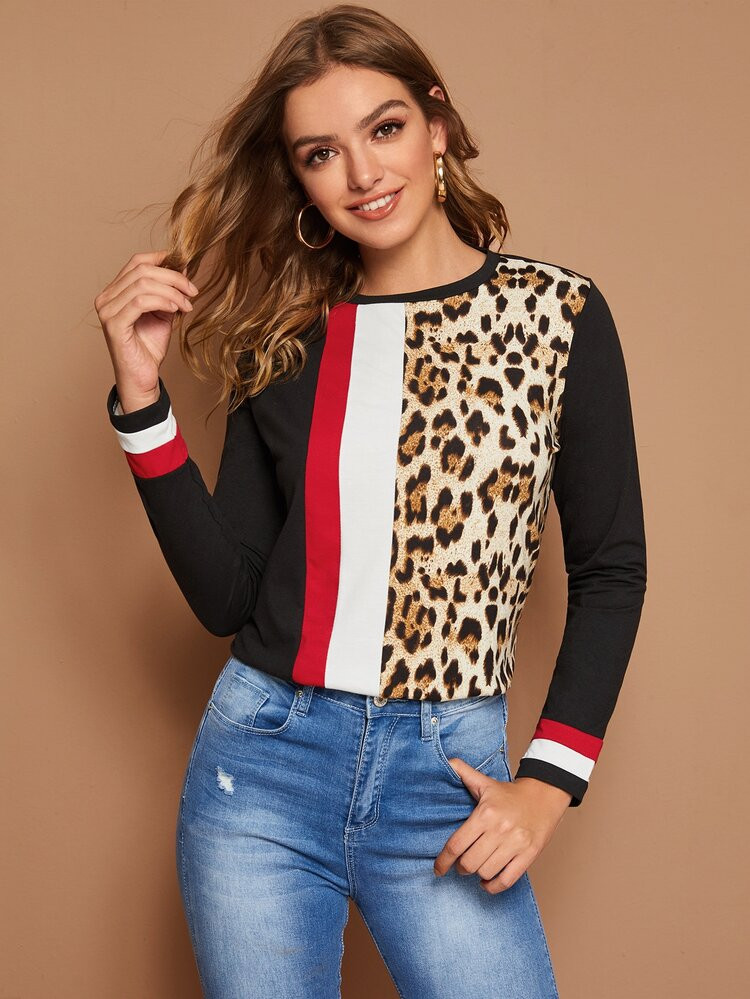 Leopard Print Cut-and-sew Tee | SHEIN