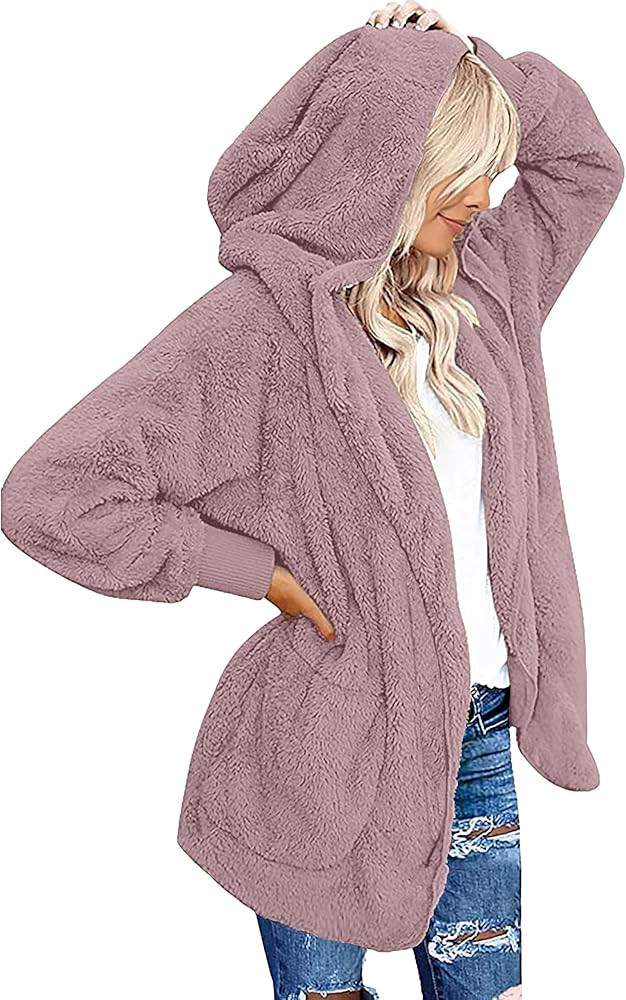 CHICGAL Womens Fuzzy Jacket Hooded Cardigan Open Front Sherpa Coat Outwear with Pockets | Amazon (US)