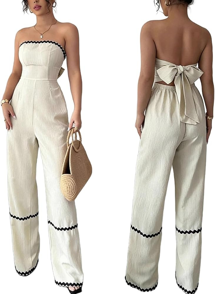 Womens Sleeveless Jumosuit Off Shoulder Vacation Romper Cute Bow Tie Hoolow Out Outfits Strap Ruf... | Amazon (US)