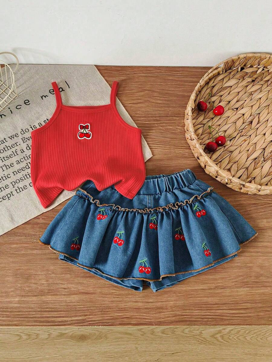 Genkimix Kids Girls Sweet Cute Tank Top Set Summer Knit Striped Camisole + Cherry Embroidery Doub... | SHEIN