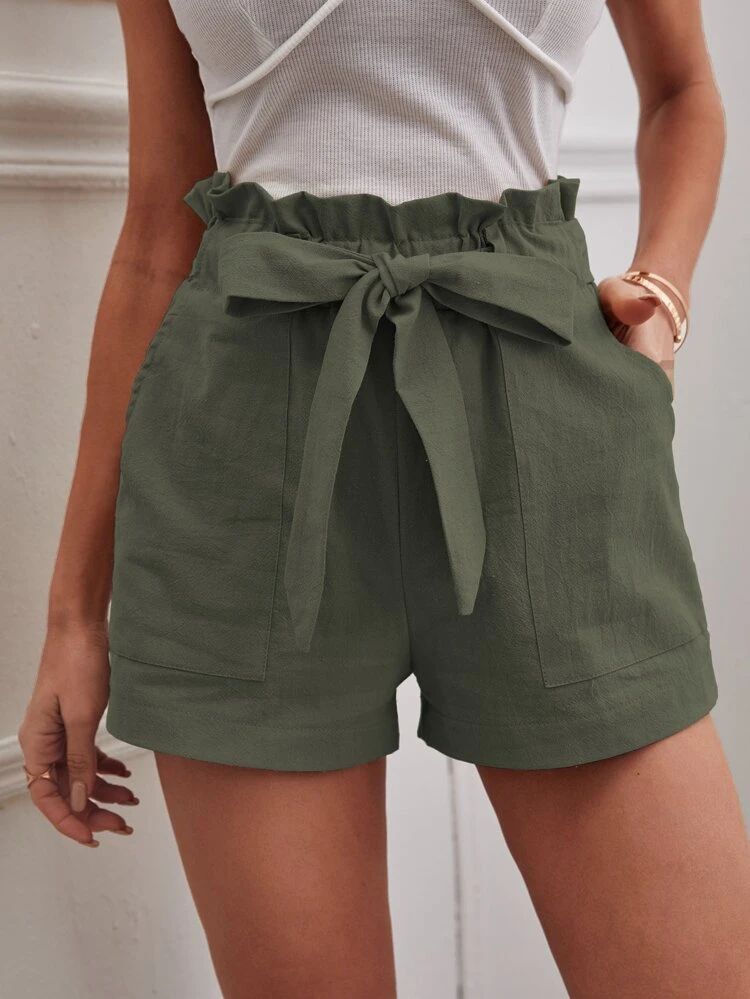 Solid Paper Bag Waist Belted Shorts | SHEIN