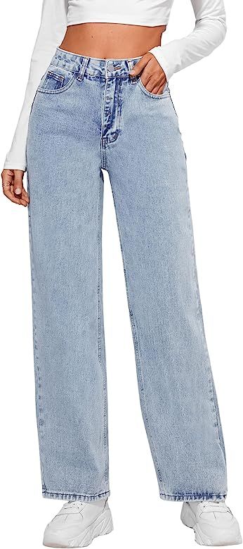 SweatyRocks Women's Casual Loose High Waist Solid Straight Wide Leg Jeans Light Wash L at Amazon ... | Amazon (US)